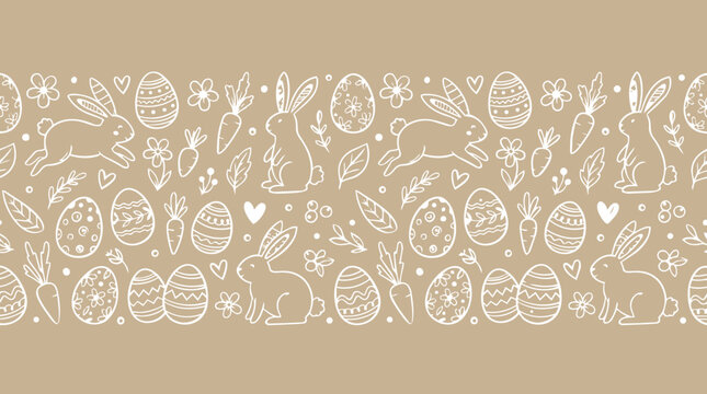Seamless pattern border with hand-drawn Easter icons including bunnies, decorated eggs, carrots, and spring flowers