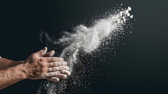 Chef claps hands together to create a cloud of flour against a dark background.