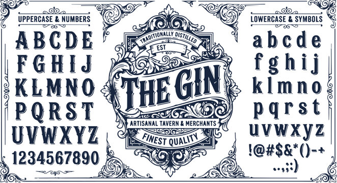 Vintage Victorian alphabet display font with ornate decorative frame and gin label typography for classic design