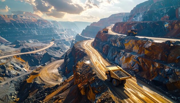 Massive Open Pit Mine with Heavy-Duty Trucks Hauling Ore Under Dramatic Sunlight