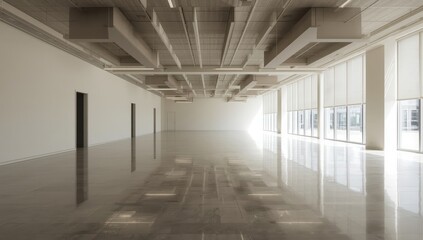 Fototapeta premium Spacious contemporary commercial area featuring acoustic panels, sleek design, reflective flooring, and window coverings, perfect for offices, showrooms, events, or renovations.