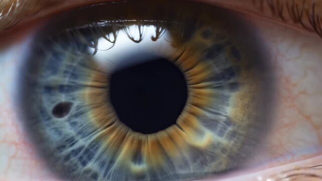 Human eye macro view with pupil expanding, iris tightening into colored ring, eyelid shifting, and bright circular reflections creating vivid ocular detail in dramatic light