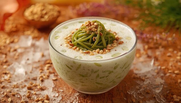 Cendol Dawet or Lod Chong, a treat of rice flour, suji leaves, and almond milk, is favored in Ramadan.