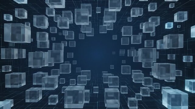 Abstract digital background with floating transparent glass cubes in a dark blue virtual space.