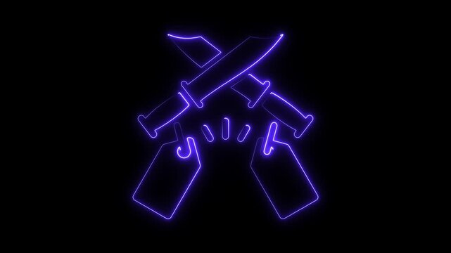 Animated blue neon outline of two fists clashing and two speech bubbles with a lightning bolt between them on a black background, representing conflict warning, conflictual, expression, dialogue, 