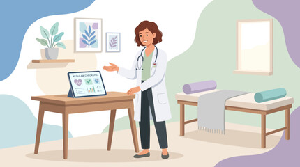 Fototapeta premium Doctor presenting medical information on tablet in clinic exam room
