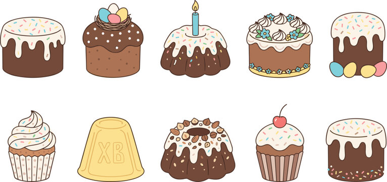 Traditional Orthodox Easter Cake Clipart Set Featuring Kulich Paska Bundt Cake and Cupcakes with White Glaze Frosting Vector Illustrations