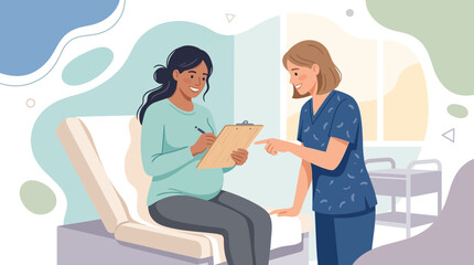 Fototapeta premium Pregnant woman consults doctor in clinic, filling out form, medical checkup