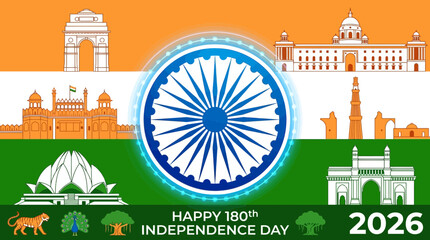 Fototapeta premium India Independence Day Celebration with Landmarks and Flag