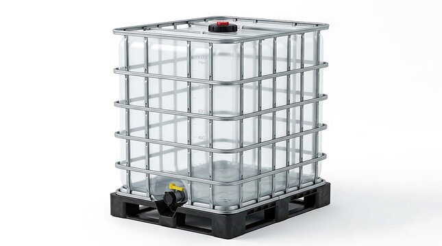 Industrial plastic ibc container tank with metal cage on a black pallet. ibc container