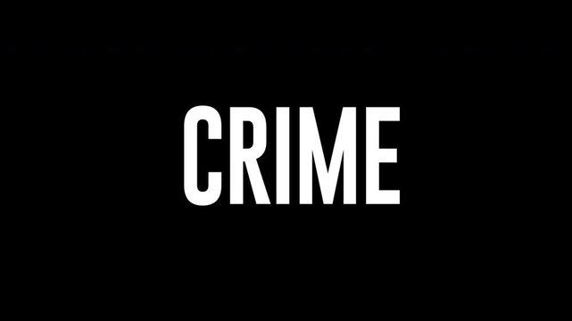Cinematic zoom out reveal showing the word crime in sleek condensed typography with a vibrant glowing light contour transition