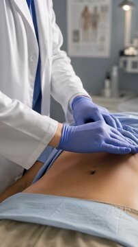 Clinician palpating patient lower abdomen during careful medical examination in clean treatment room with blue gloves, white coat, supportive bedside care, professional diagnostic routine