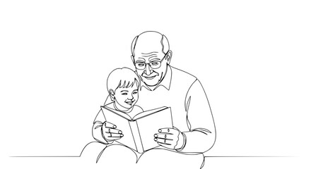Grandfather reading a book to his grandson, line art illustration