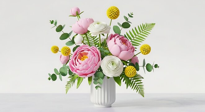 Bouquet of pink peonies and yellow billy balls with green eucalyptus in white ribbed vase