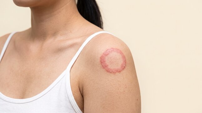 Close up of female shoulder showing circular red skin rash ringworm or fungal infection against beige background