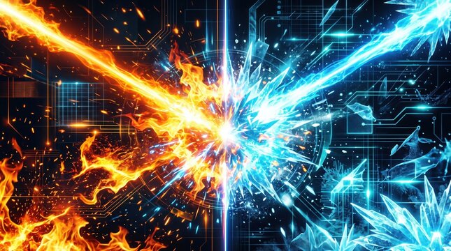 Fire and ice energy clash over a complex technological circuit board design representing the digital struggle between opposing forces.