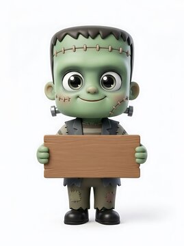 Cute Chibi Frankenstein Monster Character Holding Blank Wooden Sign for Halloween