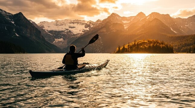Kayaker Paddling Across a Serene Mountain Lake at Sunset for S1 Adventure