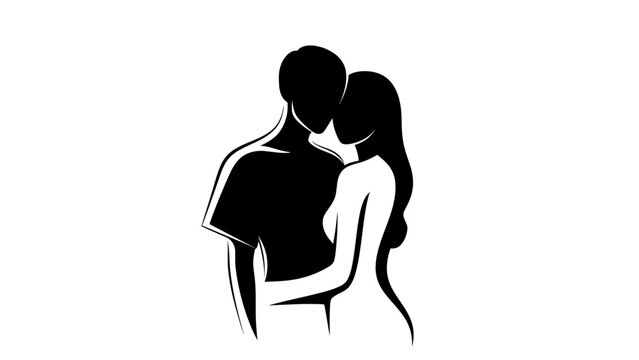 Couple Silhouette Embracing Tenderly, Romantic Black and White Illustration