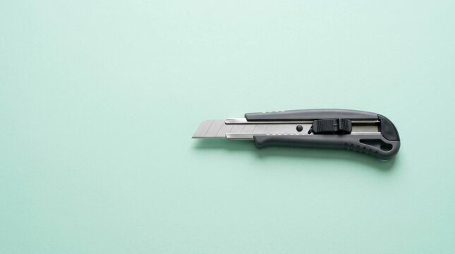 Close up of a utility cutter on a light green background, top view studio shot