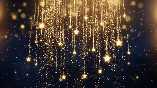 Star ornaments hang vertically to create a shimmering golden curtain effect.