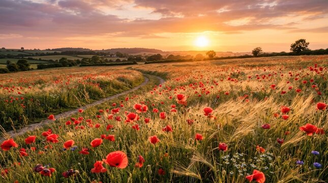 Stunning Sunset View Over a Blooming Poppy Field in the Countryside Landscape