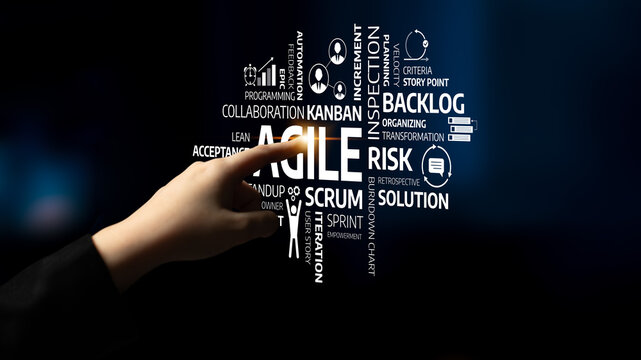 A hand pointing at various agile methodology terms illustrates key concepts in project management. Ideal for representations of teamwork, transformation, and productivity. Tessel