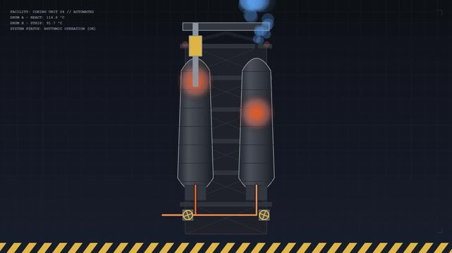 Flat vector animation of an industrial facility coking unit with automated system status and temperature monitoring data