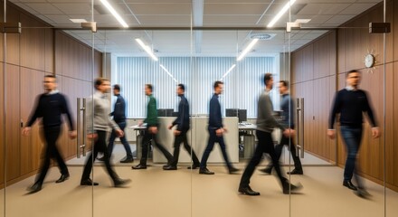 Fototapeta premium Busy Businessmen Walking in Modern Office Corridor with Motion Blur Effect for Professional Corporate Concept