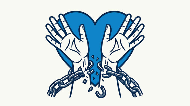 A powerful vector illustration of hands breaking free from metal chains in front of a blue heart symbol representing freedom, love, and liberation