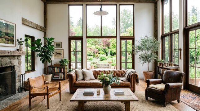 A Sunlit Rustic Living Room with Leather Furniture and Large Windows