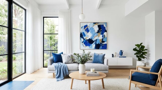 Modern living room with a blue abstract painting and wooden furniture S1