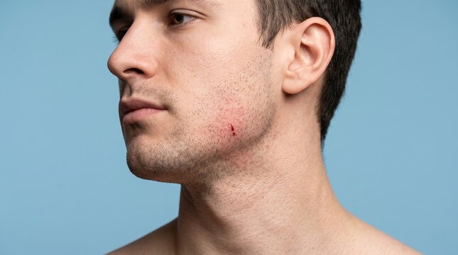Side view of a man with razor burn rash and blood nick on his irritated cheek.