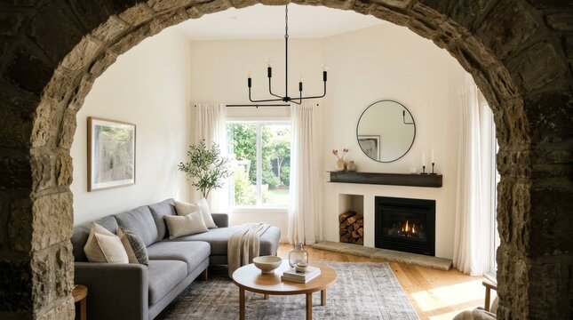 Modern Living Room Interior with Stone Archway and Fireplace S1