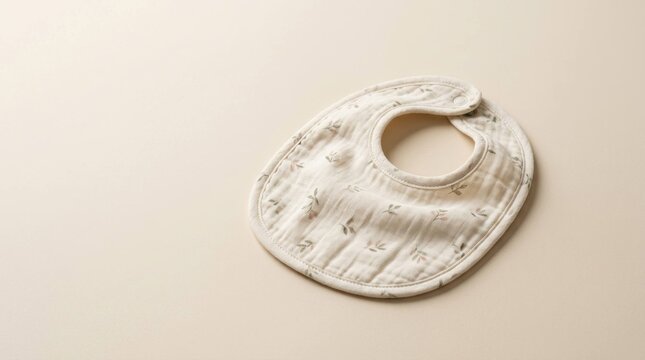 White Cotton Baby Bib with Minimalist Botanical Pattern on Soft Cream Background