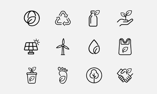 Editable eco-friendly business and green marketing line icon set for sustainable branding.