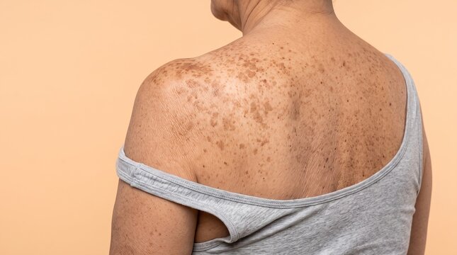 Back view of an senior person with age spots and hyperpigmentation sun damage on skin.