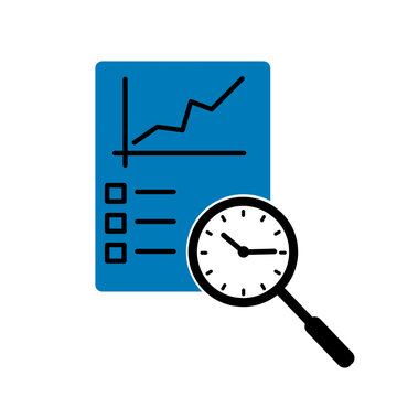Realtime data monitoring icon featuring data report, magnifying glass, and clock symbols. Suitable for analytics, performance tracking, inspection, and continuous monitoring concepts.