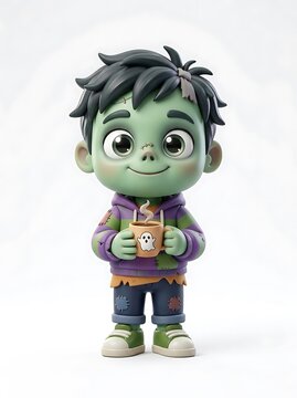 A Cute Chibi Character Holding a Hot Coffee Cup for Halloween Celebration