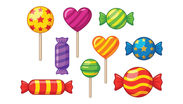 Colorful sweet candy and lollipops vector collection with wrapped hard candies striped hearts and star patterns isolated on white background