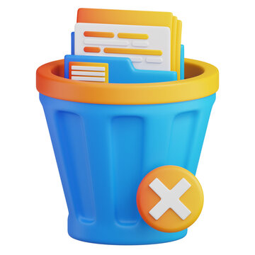 Colorful trash bin with documents and delete icon symbolizing file deletion or digital waste disposal transparent background