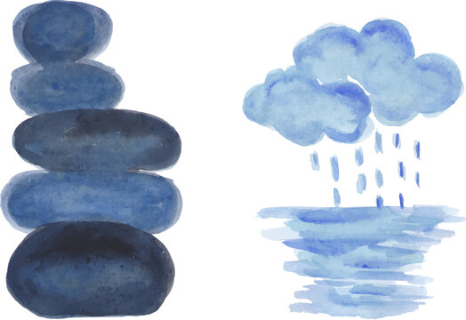 Pile of stones and cloudy rain and sea hand drawn watercolor