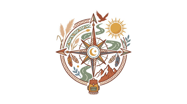 Ornate compass rose featuring mountains sun and bird elements
