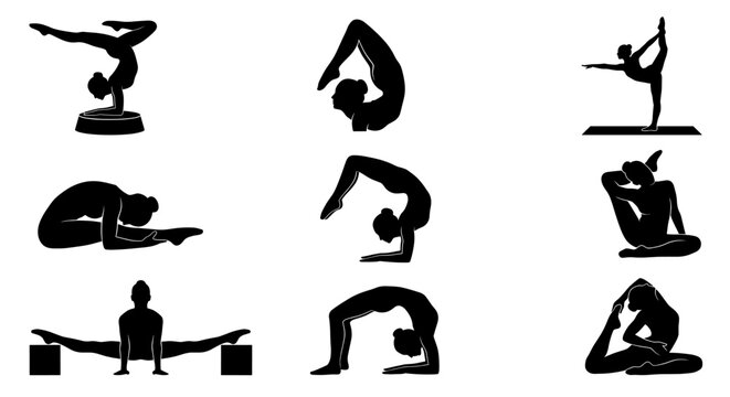 Extreme yoga and contortionist pose silhouettes