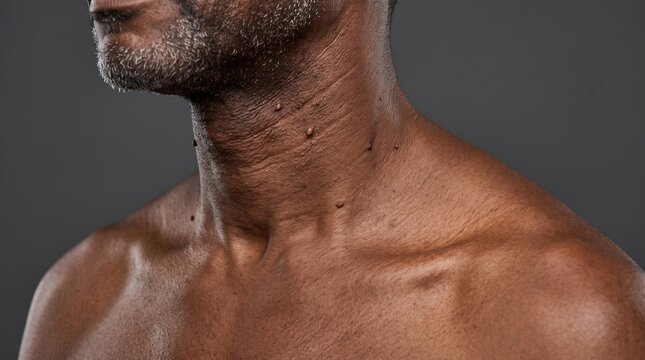Close up of mature black man neck and shoulder showing skin tags moles and natural aging texture