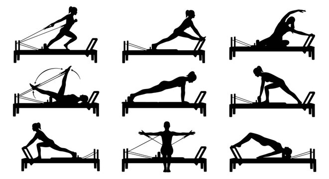 Pilates reformer machine exercise silhouettes.