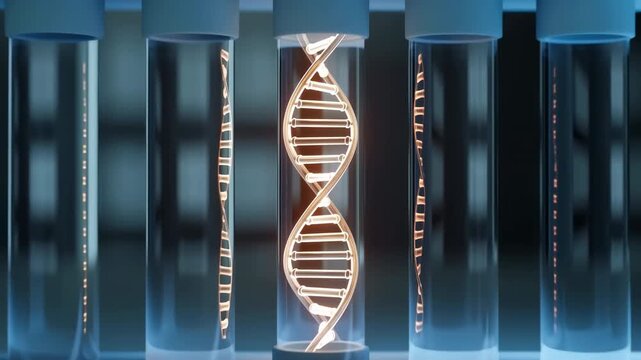 Illuminated DNA helix inside clear laboratory test tube rack with cool overhead lighting, warm orange inner glow, glass reflections, symmetry, and scientific equipment