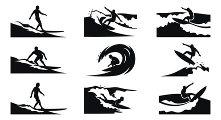Obraz premium Surfing and wave riding silhouettes collection