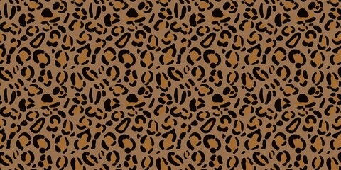 Warm medium brown leopard skin pattern banner layout. Exotic feline spot fur texture for chic wide apparel fabric and packaging paper print. © MDC