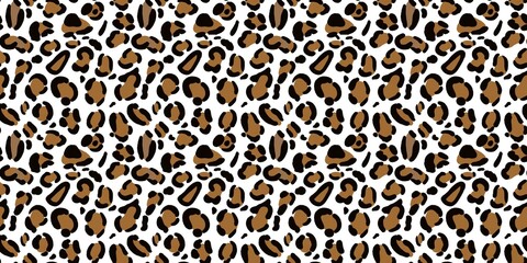 A horizontal classic leopard spot print pattern on a white background. Wild safari cheetah-skin texture for wide banner print and fashion fabric layout. © MDC